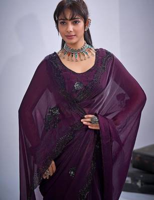 Purple color fendy satin silk blend two tone zircon cut dana & sequence hand work saree 5