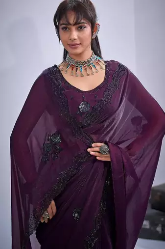 Purple color fendy satin silk blend two tone zircon cut dana & sequence hand work saree