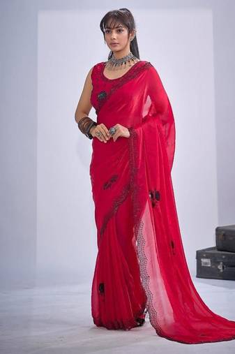 Rani color fendy satin silk two tone zircon cut dana & sequence hand work saree