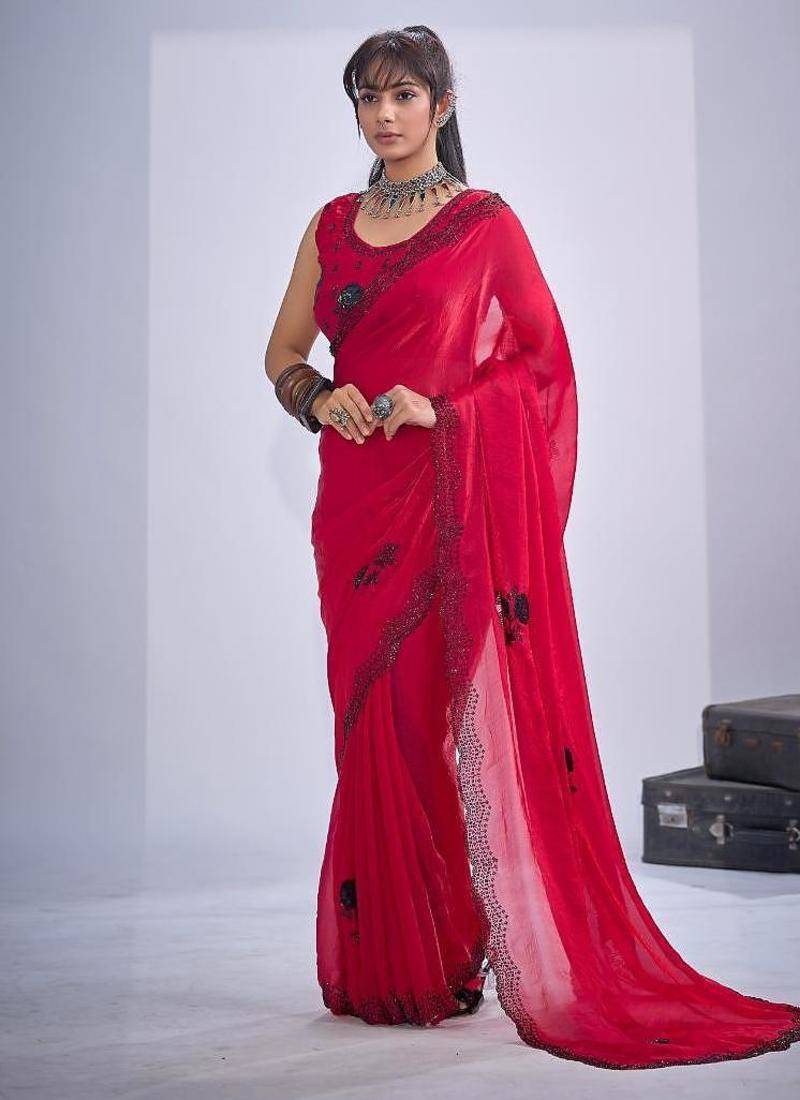 Rani color fendy satin silk two tone zircon cut dana & sequence hand work saree