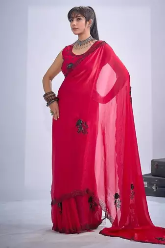 Rani color fendy satin silk blend two tone zircon cut dana & sequence hand work saree