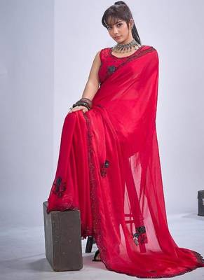 Rani color fendy satin silk blend two tone zircon cut dana & sequence hand work saree 3