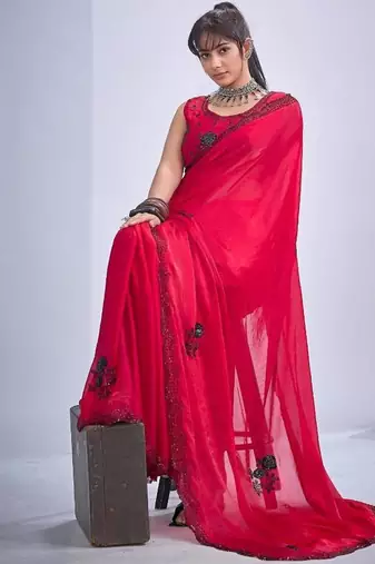 Rani color fendy satin silk blend two tone zircon cut dana & sequence hand work saree