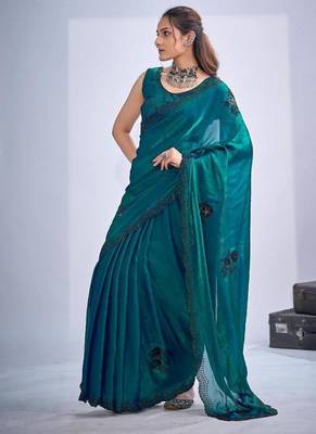 Rama color fendy satin silk blend two tone zircon cut dana & sequence hand work saree 1