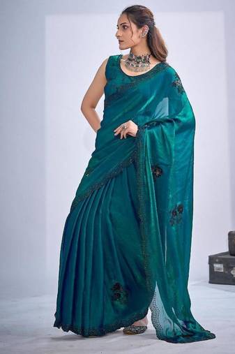 Rama color fendy satin silk two tone zircon cut dana & sequence hand work saree