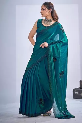 Rama color fendy satin silk two tone zircon cut dana & sequence hand work saree