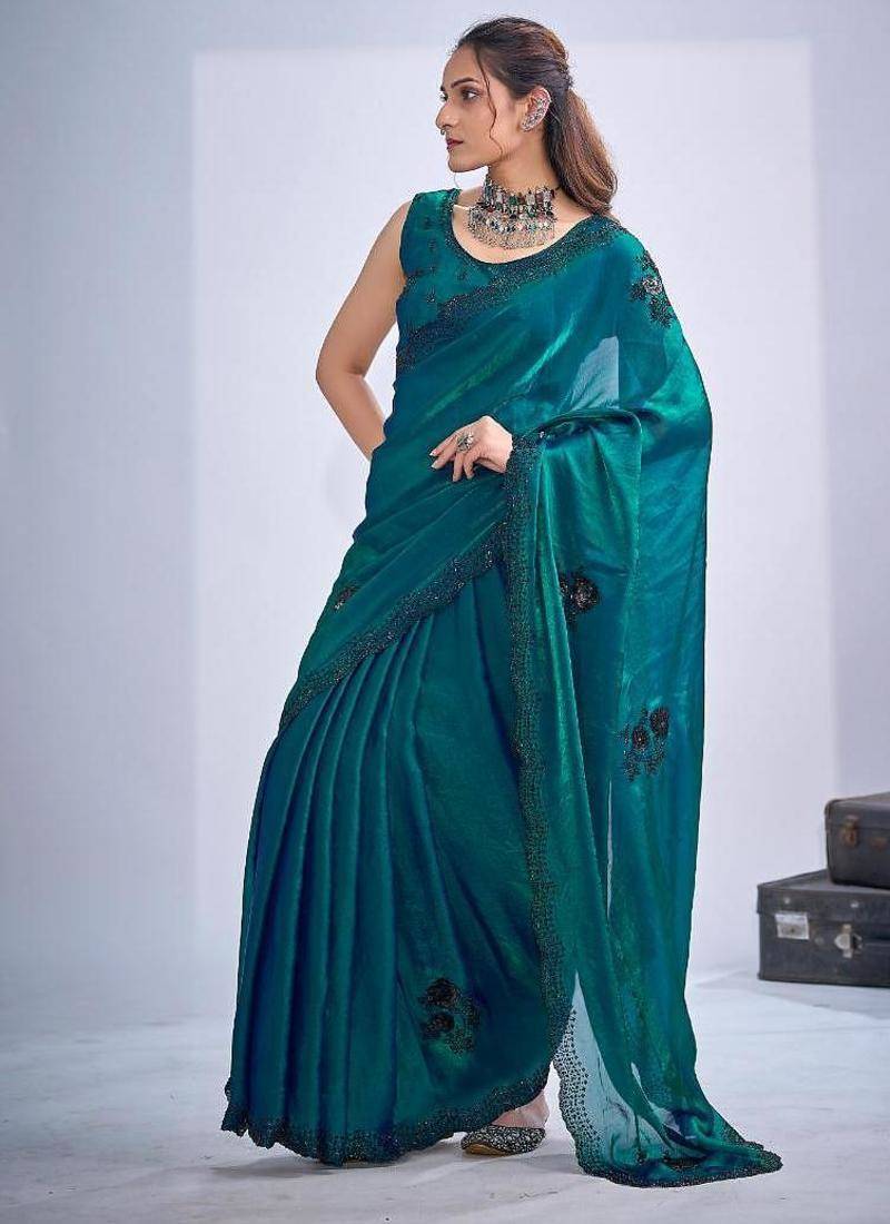 Rama color fendy satin silk two tone zircon cut dana & sequence hand work saree