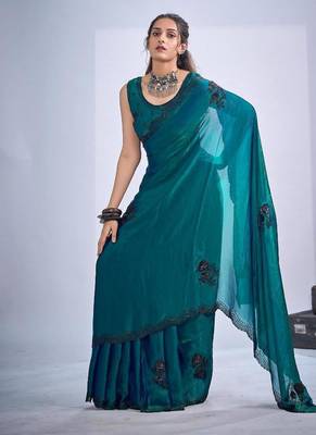 Rama color fendy satin silk blend two tone zircon cut dana & sequence hand work saree 2