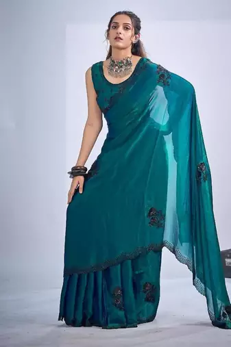 Rama color fendy satin silk blend two tone zircon cut dana & sequence hand work saree