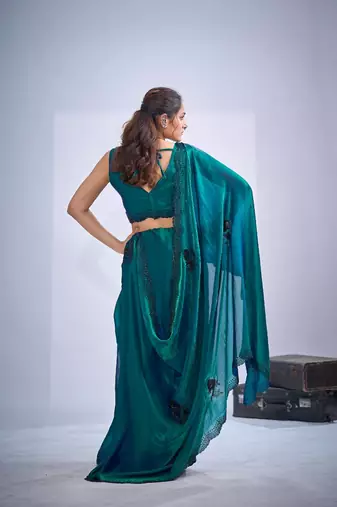 Rama color fendy satin silk blend two tone zircon cut dana & sequence hand work saree