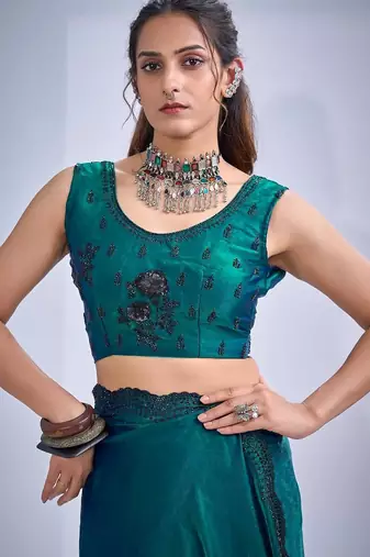 Rama color fendy satin silk blend two tone zircon cut dana & sequence hand work saree