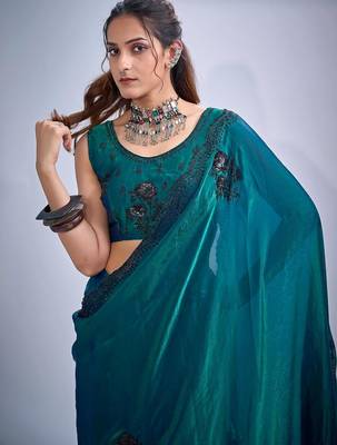 Rama color fendy satin silk blend two tone zircon cut dana & sequence hand work saree 5
