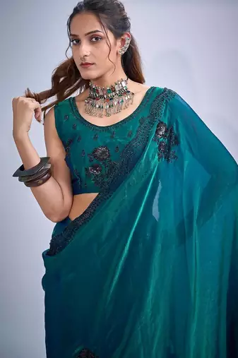 Rama color fendy satin silk blend two tone zircon cut dana & sequence hand work saree