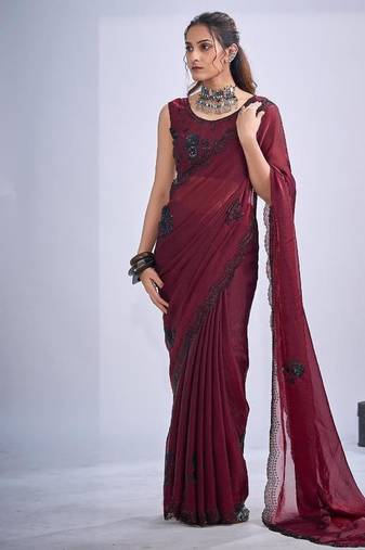 Maroon color fendy satin silk two tone zircon cut dana & sequence hand work saree