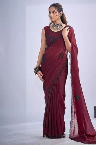 Maroon color fendy satin silk two tone zircon cut dana & sequence hand work saree