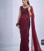Maroon color fendy satin silk blend two tone zircon cut dana & sequence hand work saree