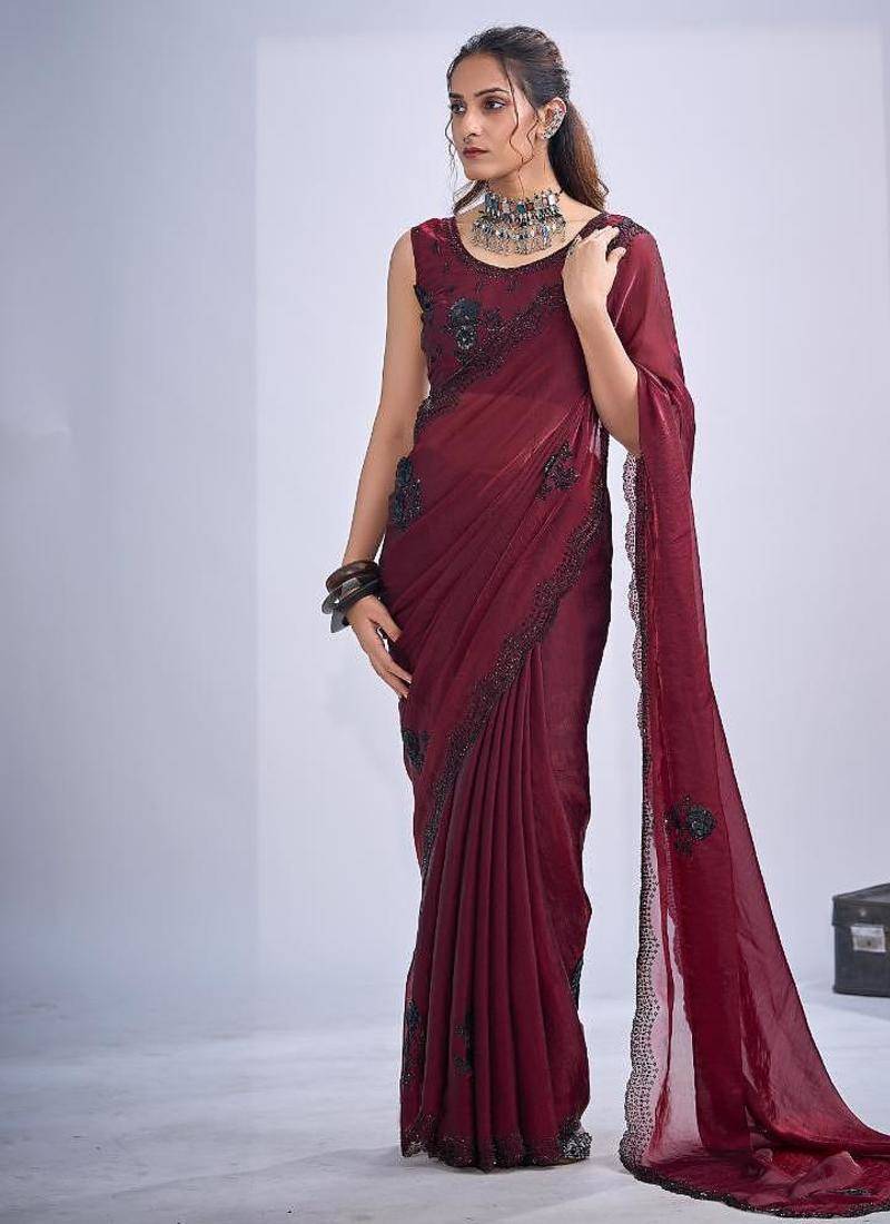 Maroon color fendy satin silk two tone zircon cut dana & sequence hand work saree