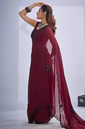 Maroon color fendy satin silk blend two tone zircon cut dana & sequence hand work saree