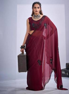 Maroon color fendy satin silk blend two tone zircon cut dana & sequence hand work saree 3