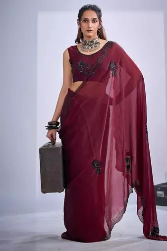 Maroon color fendy satin silk blend two tone zircon cut dana & sequence hand work saree