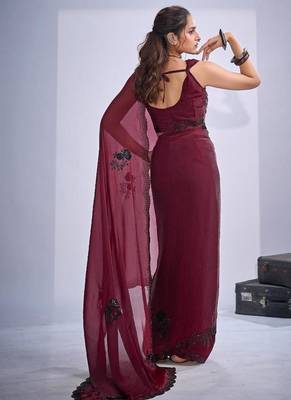 Maroon color fendy satin silk blend two tone zircon cut dana & sequence hand work saree 4