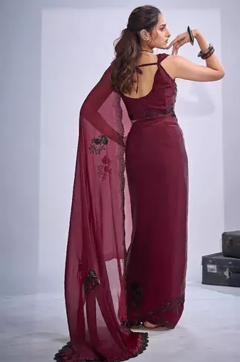Maroon color fendy satin silk blend two tone zircon cut dana & sequence hand work saree