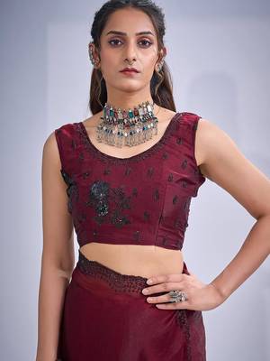 Maroon color fendy satin silk blend two tone zircon cut dana & sequence hand work saree 5
