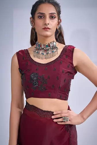 Maroon color fendy satin silk blend two tone zircon cut dana & sequence hand work saree