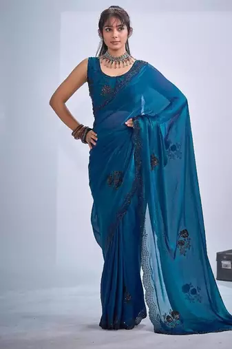 Morpeach color fendy satin silk two tone zircon cut dana & sequence hand work saree