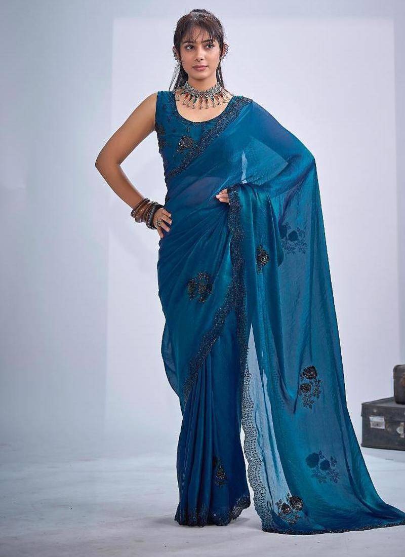 Morpeach color fendy satin silk two tone zircon cut dana & sequence hand work saree