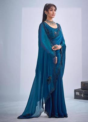 Morpeach color fendy satin silk blend two tone zircon cut dana & sequence hand work saree 2