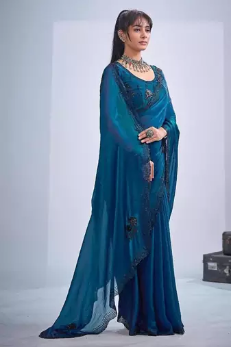 Morpeach color fendy satin silk blend two tone zircon cut dana & sequence hand work saree