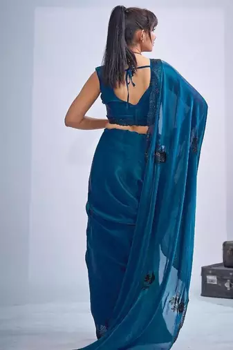 Morpeach color fendy satin silk blend two tone zircon cut dana & sequence hand work saree