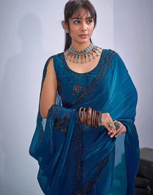 Morpeach color fendy satin silk blend two tone zircon cut dana & sequence hand work saree 5