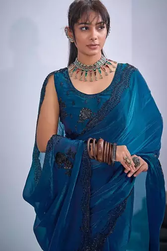 Morpeach color fendy satin silk blend two tone zircon cut dana & sequence hand work saree