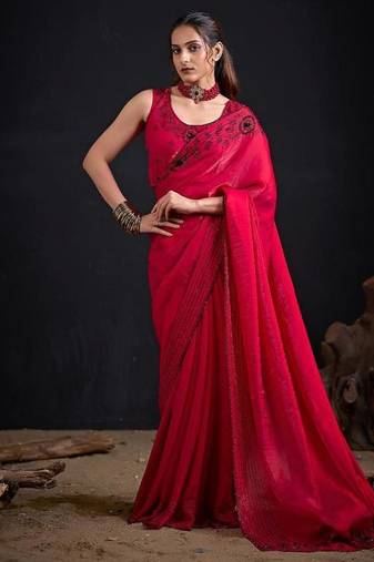 Rani color fendy satin silk two tone zircon sequence handwork saree