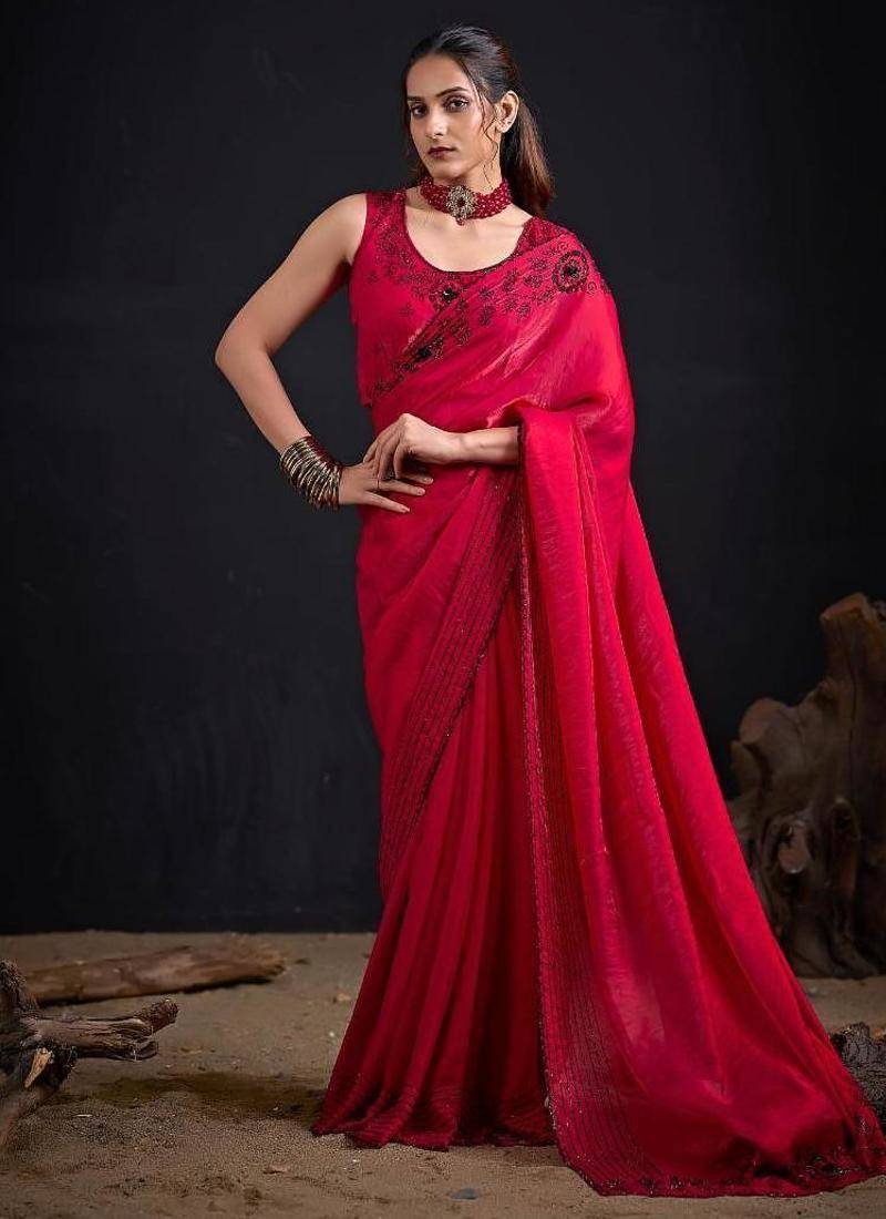Rani color fendy satin silk two tone zircon sequence handwork saree
