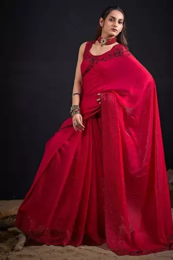 Rani color fendy satin silk blend two tone zircon sequence handwork saree