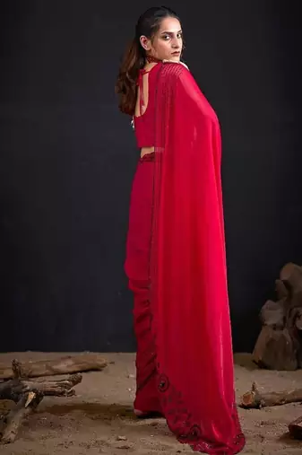 Rani color fendy satin silk blend two tone zircon sequence handwork saree
