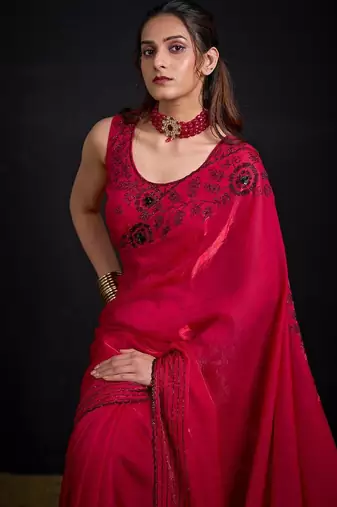 Rani color fendy satin silk blend two tone zircon sequence handwork saree
