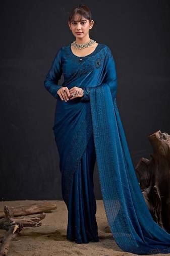 Morpeach color fendy satin silk two tone zircon sequence handwork saree