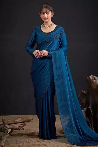 Morpeach color fendy satin silk two tone zircon sequence handwork saree