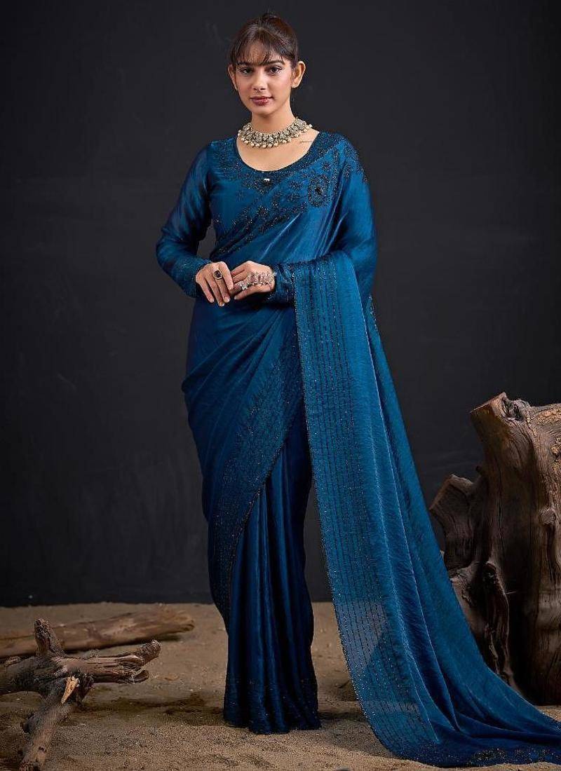 Morpeach color fendy satin silk two tone zircon sequence handwork saree