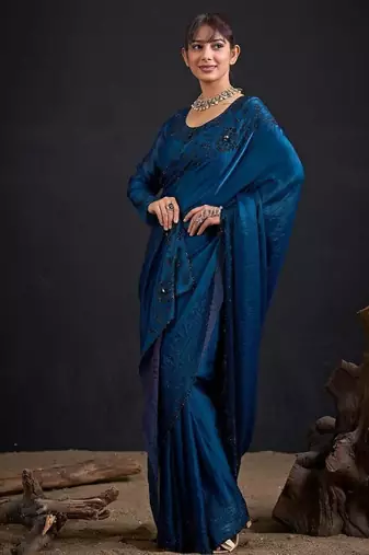 Morpeach color fendy satin silk blend two tone zircon sequence handwork saree