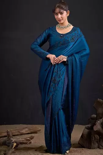 Morpeach color fendy satin silk blend two tone zircon sequence handwork saree