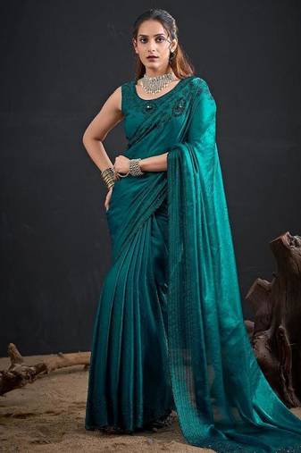 Rama color fendy satin silk two tone zircon sequence handwork saree