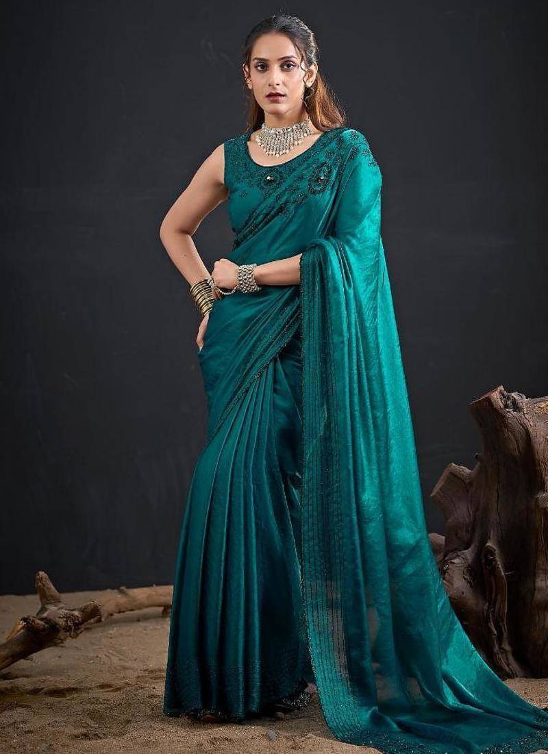 Rama color fendy satin silk two tone zircon sequence handwork saree