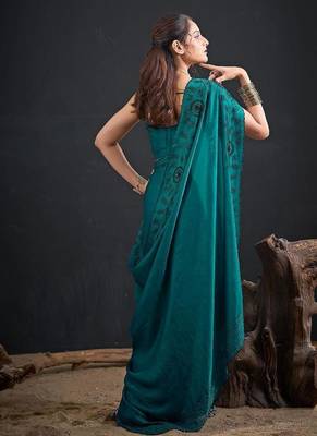 Rama color fendy satin silk blend two tone zircon sequence handwork saree 2