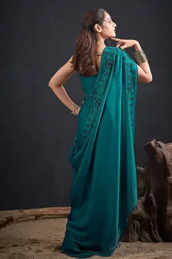 Rama color fendy satin silk blend two tone zircon sequence handwork saree