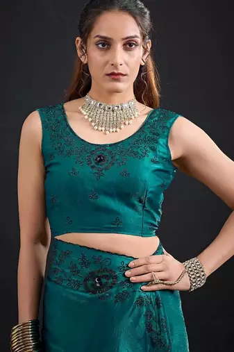 Rama color fendy satin silk blend two tone zircon sequence handwork saree